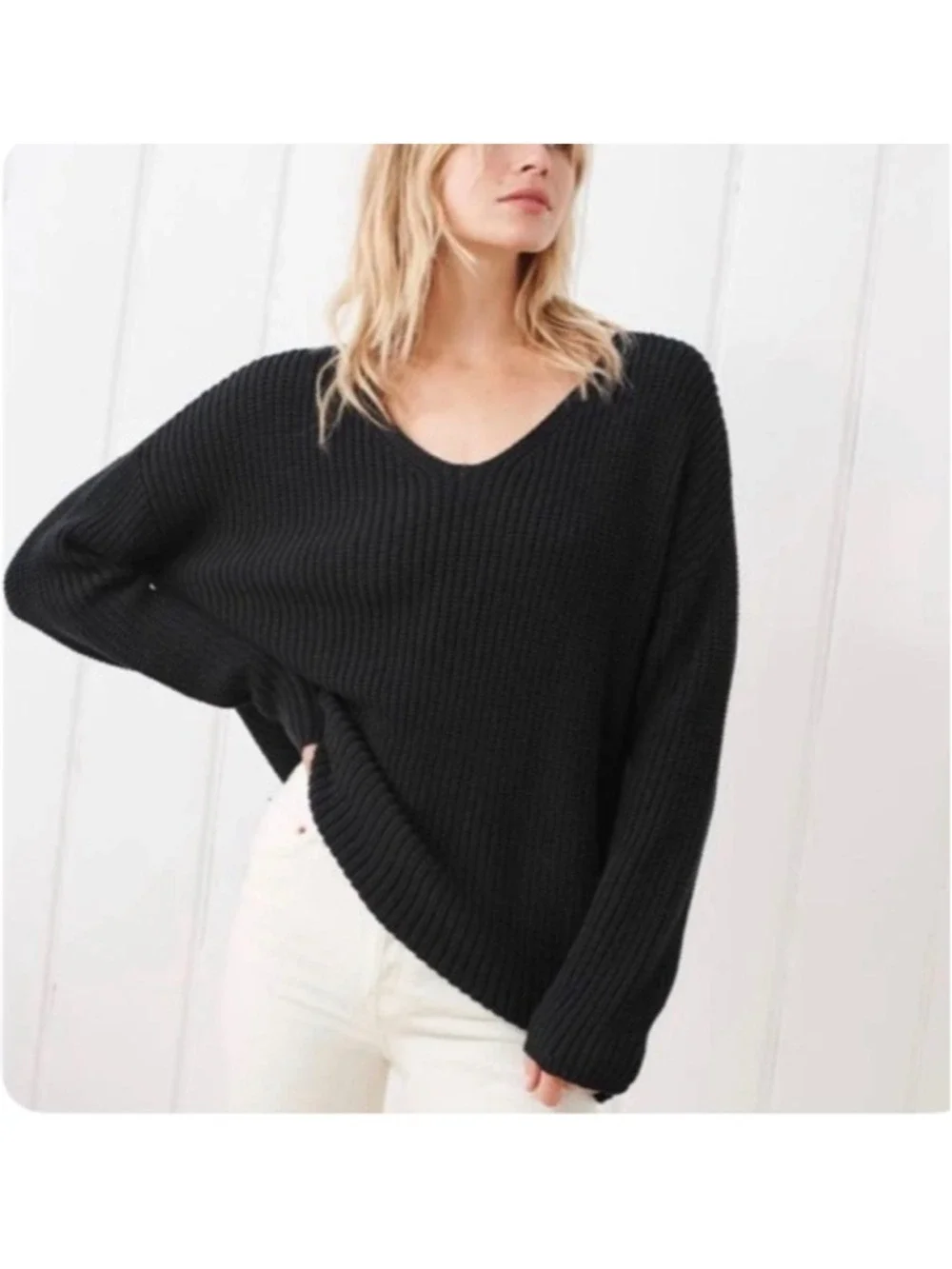 NWT Jenni Kayne Cotton Cabin V-Neck Sweater in Black, Size M
